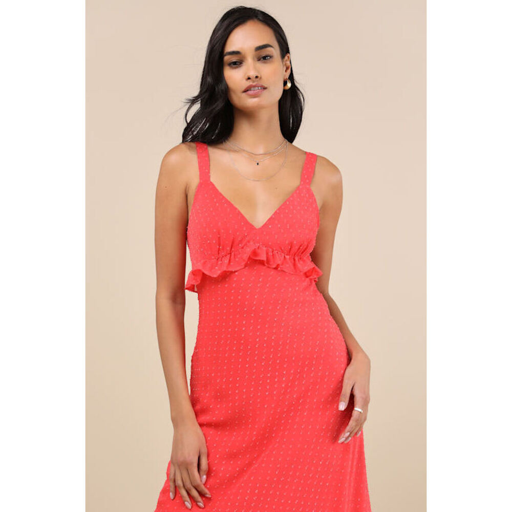 Lulus Valonia Red Orange Ruffled Clip Dot Empire Waist Midi Dress - Size S